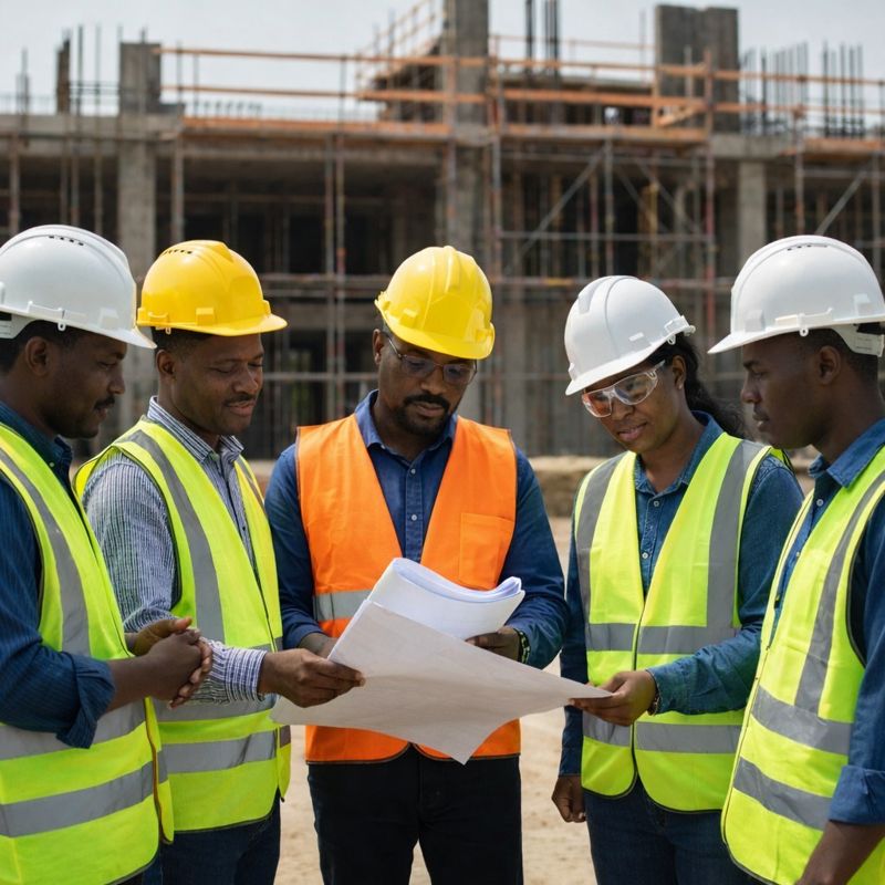 Goshen Projects Solutions construction team reviewing building plans on site in Gauteng, Pretoria