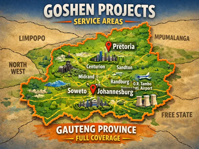 Goshen Projects Solutions service coverage map showing Gauteng province including Pretoria, Johannesburg, Midrand, Sandton, and Centurion areas